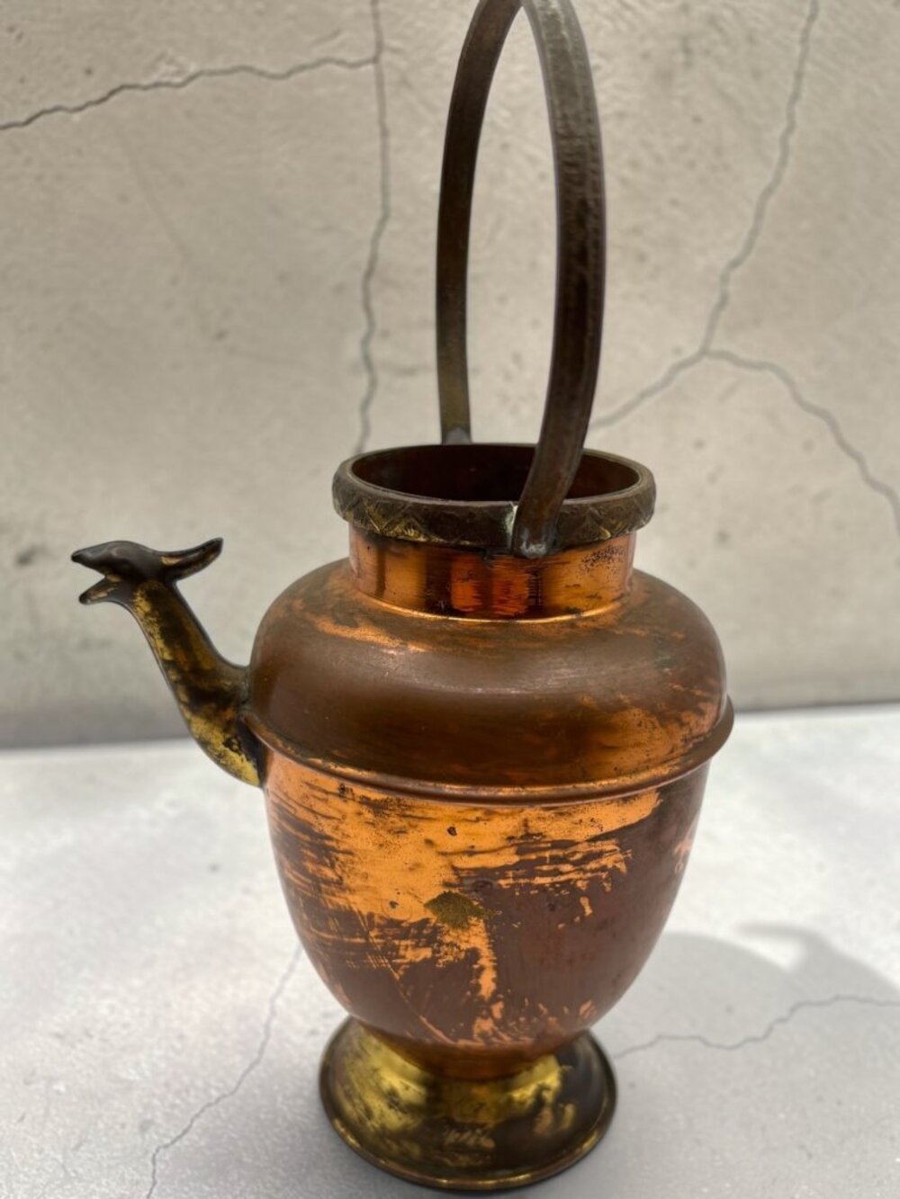 Vintage Italian Copper & Brass Pitcher With Handle And Bird Spout Patina Finish